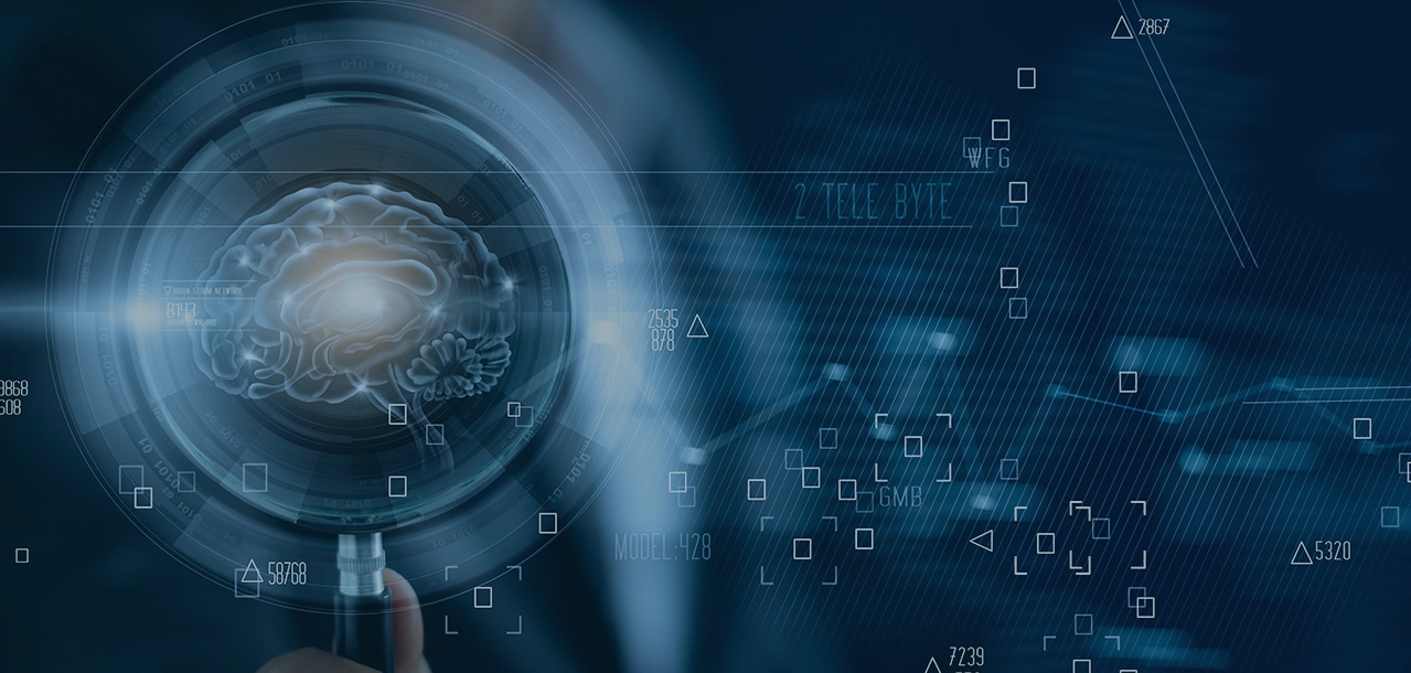 graphical image of a brain under a magnifying glass with business charts surrounding it