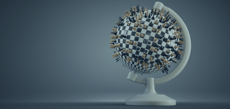 Global Crisis illustrated by a globe with chess pieces