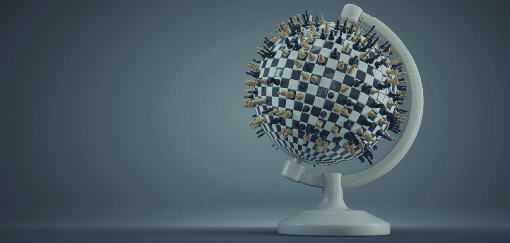 Global Crisis illustrated by a globe with chess pieces